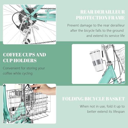 Image of 24 /26 Inch Folding Beach Cruiser Bike for Women, 7-Speed Foldable Bicycle with Basket & Cup Holder, Adult Commuter Bike with Adjustable Seat, Dual V-Brake System