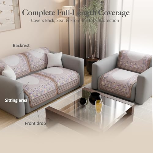 Image of Kuber Industries 2+1 Seater Sofa Cover | Slipcover for Living Room | Thick & Cozy | Non-Slip Comfort Sofa Cover Set | Rajasthani Border Malibu 1351 - Brown