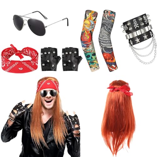 IRWOY Rock Star - Accesorios para disfraz de hombre, 7 unidades, 70, 80 y 90, peluca de discoteca, accesorio para disfraz de punker, sombrero largo y rizado, gafas de sol, rockero, correa de piel,