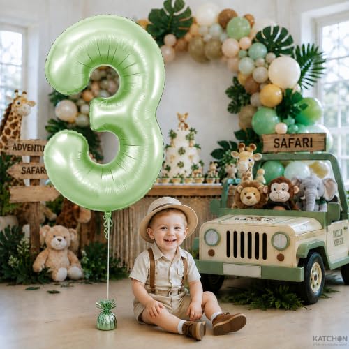 Image of Katchon, 40 Inch Sage Green Number 3 Balloon For 3rd Birthday Decorations