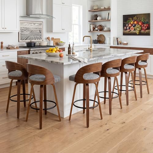 Image of AQG Swivel Bar stools Set of 6 Bar Chairs 26 inch Counter Height Mid-Century Modern Bentwood Barstool Faux Linen Upholstered Bar Chair with Back and Footrest, for Bar, Cafe, Dining, Kitchen Island, Gray