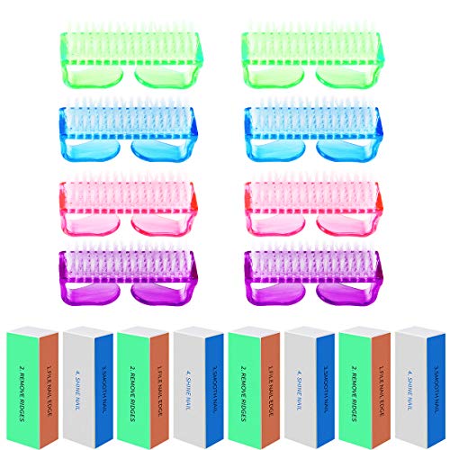 Calary 8Pcs Nail Brush Fingernail Brush and 8Pcs Grit Nail Buffer for Toes and Nails Cleaner