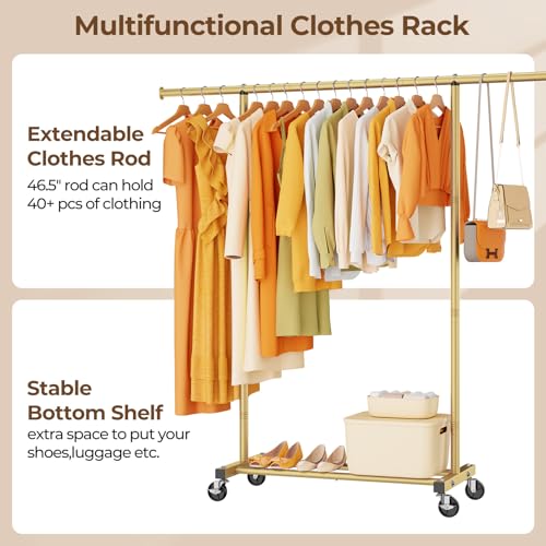 Clothes Clothing Garment Rack with Wheels,46.5" L Portable Rolling Clothing Racks for Hanging Clothes, Sturdy Closet Wardrobe Rack Clothes Storage Organizer Hanger for Coats, Shirts, Dress, Gold