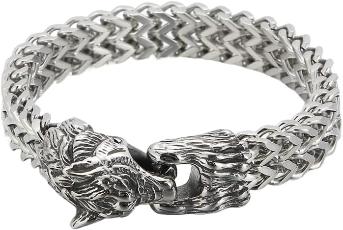 925 Sterling Silver Wolf Head Bracelet Viking Wolf Head Wristband Bracelet Therian Bracelet Werewolf Charms Wolf Jewelry Bracelet Wolf Head Jewelry For Women and Men Wolfbracelet