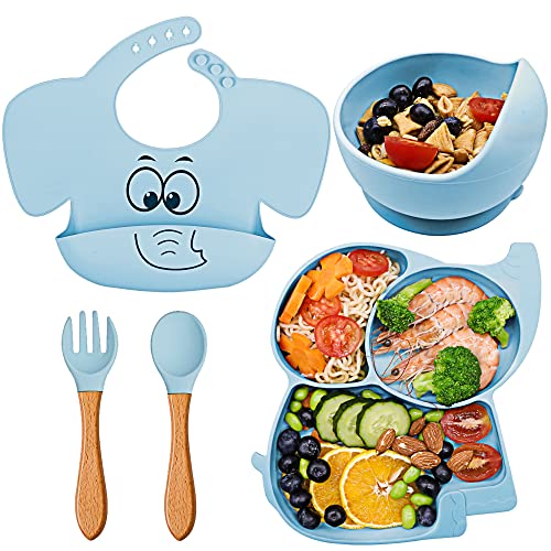 FILOWA Assiette Ventouse pour Bébé Set de Table Silicone Lot de 5 Antiderapant avec Bol CuillèRe Fourchette Bavoir Sans BPA Assiette Enfant Set,Passe au Lave Vaisselle et au Micro Onde,Bleu Éléphant Cover