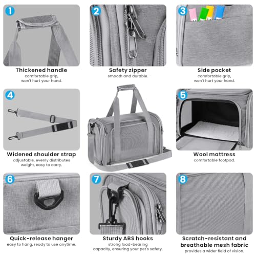 vsshe Hundebox Faltbar, L40 x B 25 x H 25 cm Transportbox für Hunde und Katzen, Geeignet für Auto & Flugzeug, Leicht Atmungsaktiv für Kleine Katzen, Kaninchen & Welpen mit Gewicht von max 4.54kg, Grau