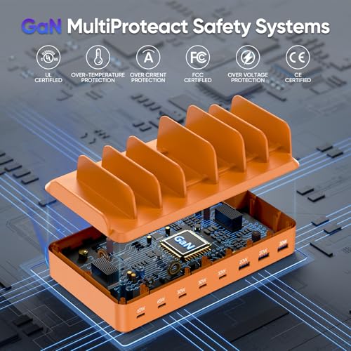 Image of 300W Charging Station for Multiple Devices, 8 Port Multi USB C Fast Charger Station Dock for MacBook iPhone 16 /15 /14 /13 /12 Samsung Pixel Series iPad, Orange (6 Mixed Short Cables Included)