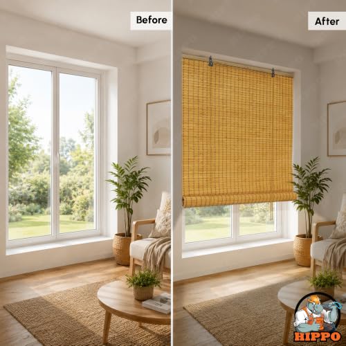 Image of HIPPO Bamboo Curtains - W-3FTXH-7FT Rope Mechanism Roll Up Down Indoor Bamboo Shade for Sun & Dust Protection for Home Window, Balcony, Restaurant, Hotel, Resort (Caramel)