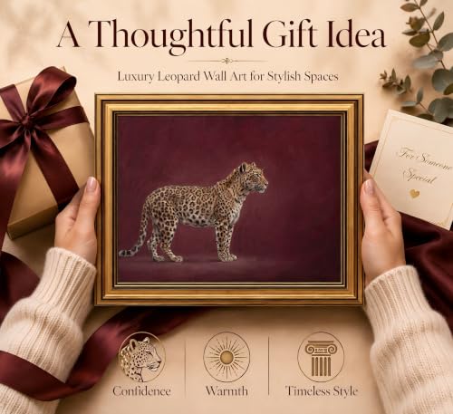 Image of Gold Framed 3D Textured Wall Art, Vintage Burgundy Cheetah Canvas Prints, Minimalist Maroon Wildlife Pictures Decor, Luxury Animal Gallery Artwork for Living Room Bedroom Entryway 16x12inch