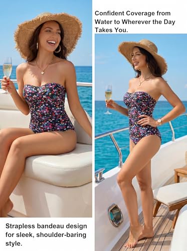 Image of Smismivo Tummy Control Swimwear Strapless One Piece Swimsuit Ruched Bathing Suits for Women Slimming Bandeau Tube Top Bikini