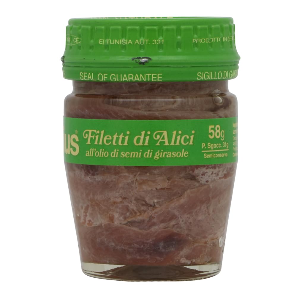 6x Delicius Filetti Di Alici In Olio Di Girasole,Sardellenfilets in Sonnenblumenöl,Hochwertiger Blauer Fisch,Glas 58g + Italian Gourmet Polpa di Pomodoro 400g Dose