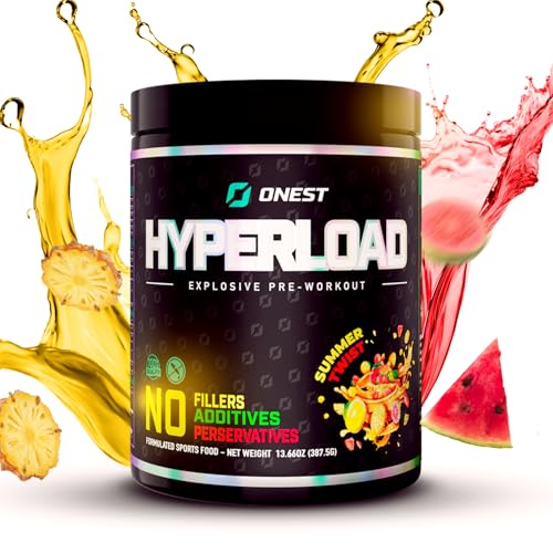 Onest Hyperload Pre Workout Supplements 387.5g | 25 Servings Workout Powder for Men & Women | Enhances Muscle Power & Energy | Caffeine, L-Citrulline Malate, Alanine, L-Theanine Sports Drink Powder (Hyperload, Summer Twist)