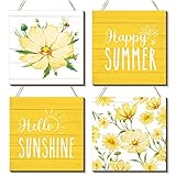 Purpeak 4 Pcs Hello Summer Door Sign Daisy Wall Decor Sign Rustic Wood Decor Farmhouse Welcome Wall Hanging Plaque Wooden for Home Front Door Kitchen Office School,7.87 x 7.87 Inch (Summer)
