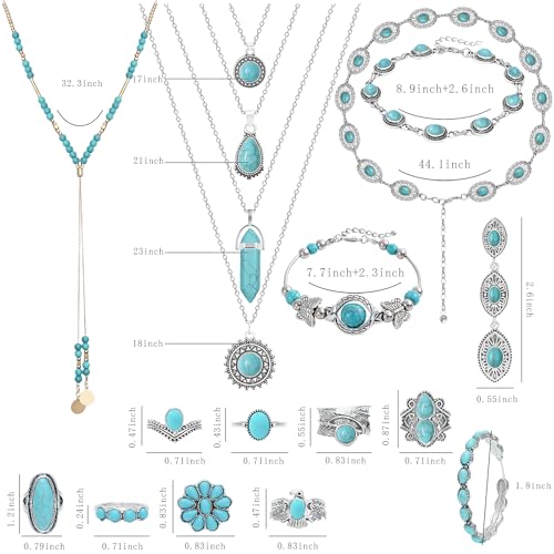 NEWITIN 20 Pieces Silver Bohemian Jewelry Set for Women Fashion Costume Jewels Turquoise Necklace Bracelet Ring Earrings Western Turquoise Jewelry Set for Women2