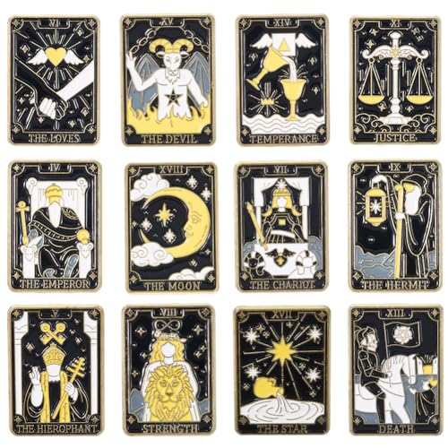 Image of SUNNYCLUE 1 Box 12Pcs 12 Styles Tarot Card Enamel Pin Constellation Brooch Black Gold Metal Zinc Alloy Divination Themed Moon Star Sun Lapel Pins Set for Backpacks Bags Clothing Decor Accessories