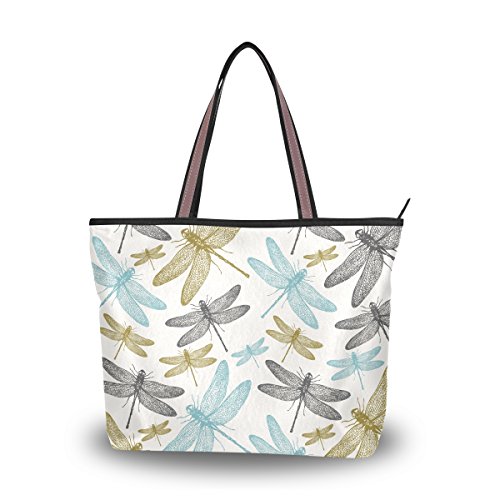 Shoulder Bag Large Beach Travel Tote Bag Fern Botanical Dragonfly Printed Handbags with Handle Top Zipper Closure