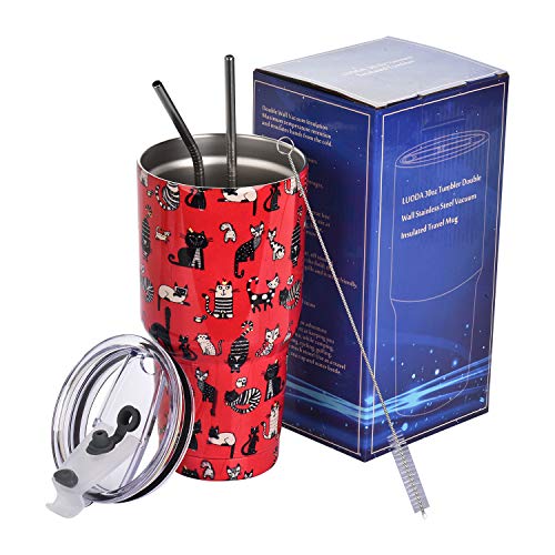 Luoda 30 Oz Tumbler Stainless Steel Double Wall Vacuum Insulated Travel Mug With Lid And 2 Straw, Cleaning Brush And Gift Box (Cute Cat) #TOP4