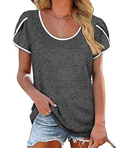 LLHXRUI Basic Casual Shirt for Women U Neck Short Sleeve T Shirts Petal Sleeve Tops Blouses (Grey, X-Large)