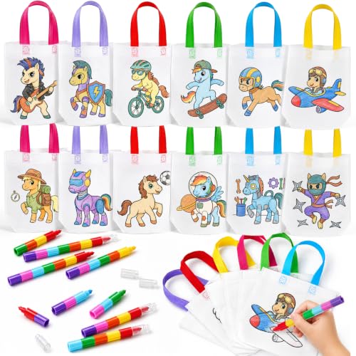 Toyssa 12pcs Sacs Cheval à Peindre pour Enfants avec Crayons Empilables Set Créatif DIY Cadeaux d'Anniversaire Chevaux Pinata Cadeaux Anniversaire Invités Enfant (Cheval)
