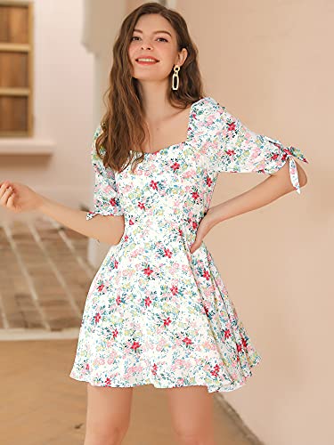 Allegra K Women's Floral Printed Sweetheart Neck Puff Sleeve Fit And Flare A-Line Mini Dress Medium White #TOP1