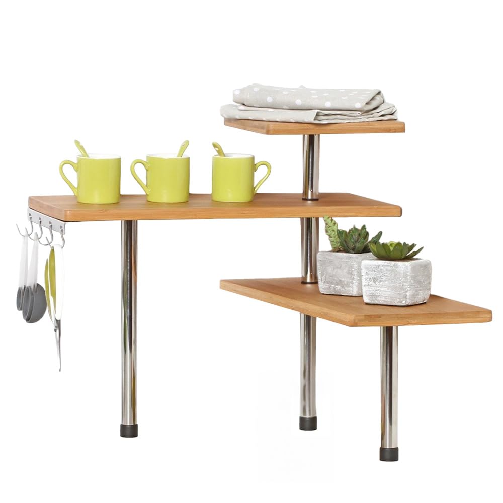 Easylife 3 Tier Corner Shelf Unit (Measures H40 x W43 x D43cm), Kitchen Organiser Shelf with 4 Strong Hooks, Bathroom Corner Shelf Unit, Robust Kitchen Tidy Organiser Storage - Fully Guaranteed
