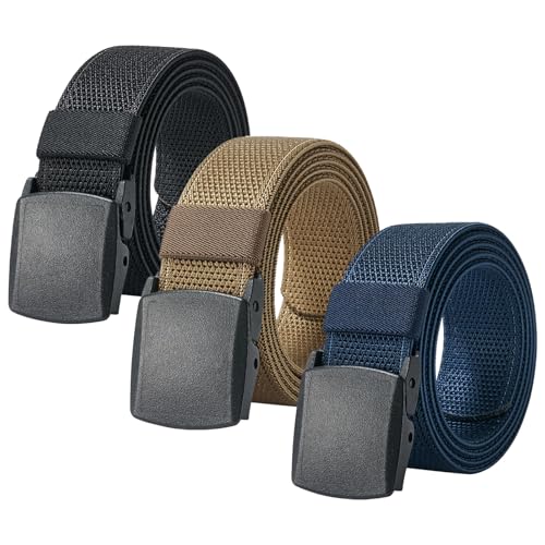 egniFurn - egniFurn 3-Pack Men's Military Tactical Belts – Nylon Webbing Canvas with Plastic Buckles, Adjustable 27-46" Waist, Black, Khaki, Navy Blue