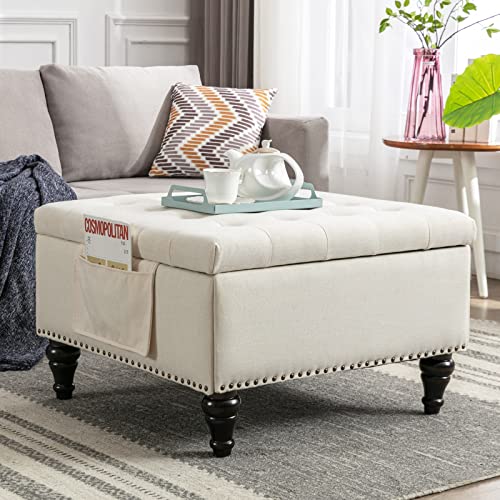 Ttgieet Wide Square Storage Ottoman Bench Upholstered Tufted Foot Rest Linen Fabric Oversized Coffee Table Large Ottomans For Living Room Bedroom, Beige #TOP10