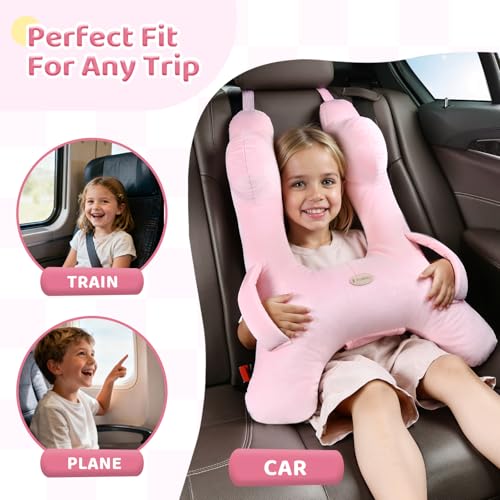 Image of FLORICH Kids Travel Pillow, Car Sleeping Travel Pillow for Kids, Washable H-Shaped Pillow for Adults and Children to Support Head and Body for Road Trips Pillow for Car (Slight Pink)