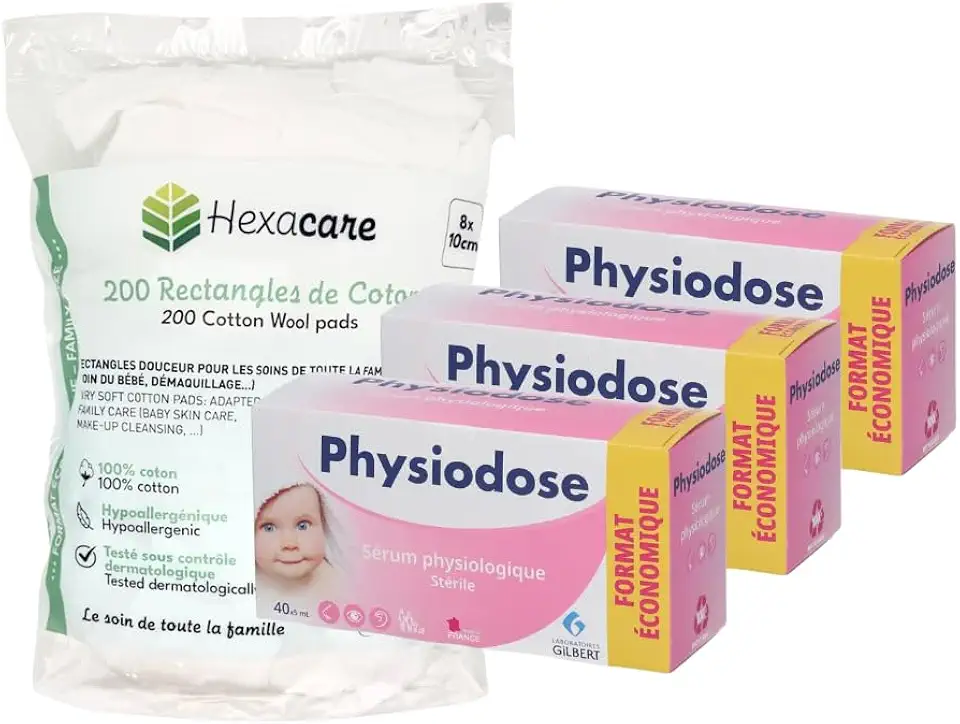 Physiodase Pack 3+1 | 3 Physiological Serum 40 x 5 ml + 200 Cotton Rectangles Hexacare 8 x 10 cm | Daily Hygiene Baby | Economical Size