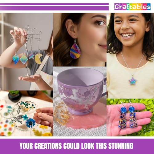 Image of Craftables DIY Resin Art kit with Moulds for Beginners & Adults | 200g Clear Casting Resin, 7 Silicone Moulds, 11 Colours Jewellery Accessories & Tools | Complete All-in-One Craft Set