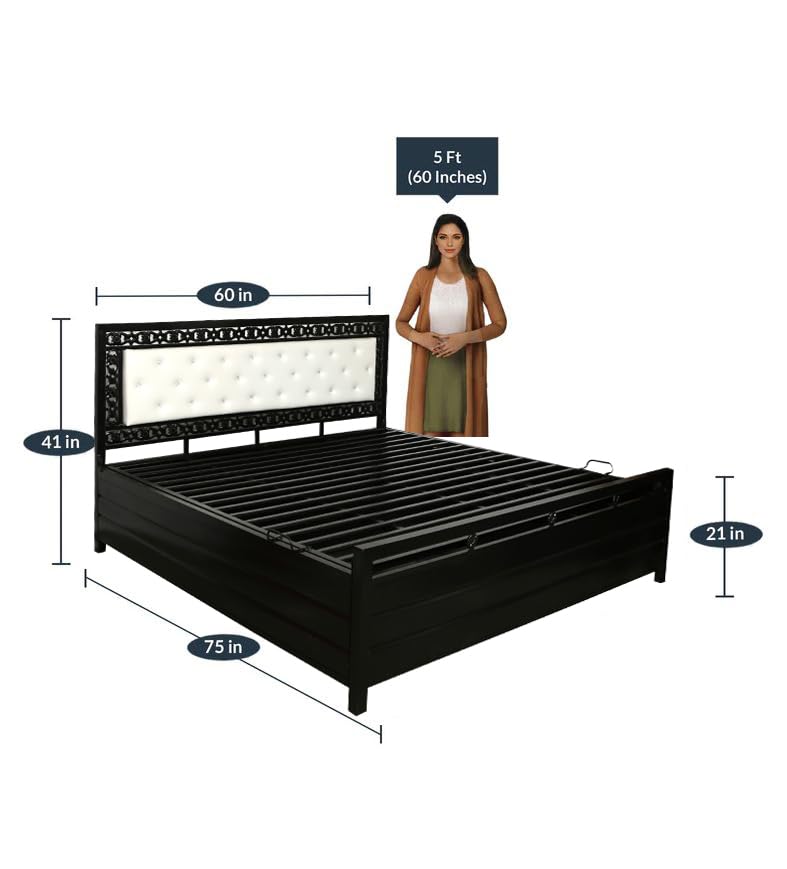 Image of Black Metal HEADBOARD Bed with Hydraulic Storage for Home Livingroom Bedroom - Ivory Cushion (6x5)
