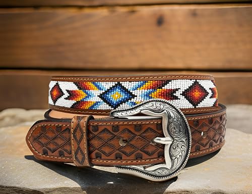 Western Belt for Men Women Full Grain Beaded Leather Cowboy Belt 1.5” Wide With Buckle Handmade Engraved Tooled4