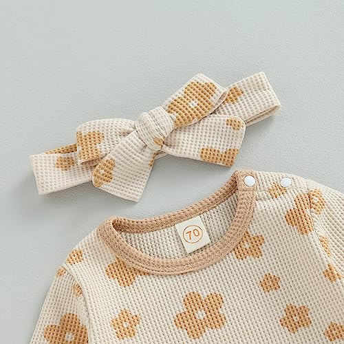 Newborn Baby Girl Clothes Floral Long Sleeve Sweatshirt Romper Ruffle Waffle Bodysuit Headband One Piece Fall Outfit (Beige, 0-3 Months) #TOP2