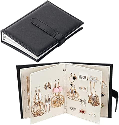 CsinosCsinos Earring Organizer, Portable Travel Jewelry Organizer Case Pu Leather Earring Holder with Book Design for Girls Women (Black)