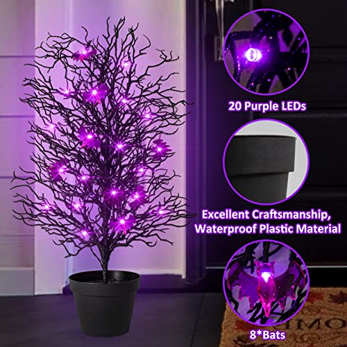 Remon 2Ft Black Halloween Potted Tree, Glitter Spooky Tree For Entrance, 8 Bats And 20 Purple Lights, Upgraded Tabletop Battery Powered Artificial Tree For Indoor Outdoor Halloween Home Decor #TOP3