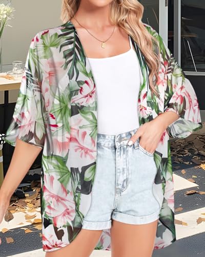 Image of Women Kimono Cardigans Casual Summer Tops Cover up Open Front Floral Print Resort Wear 2026