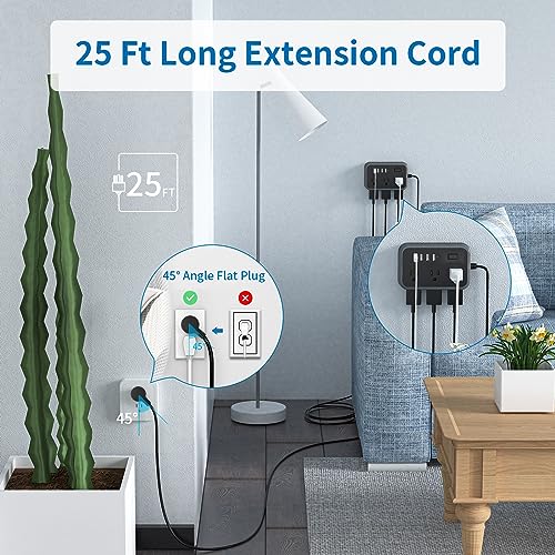 Flat Plug Extension Cord 15 Ft, NTONPOWER 6 Widely Spaced Outlet(2 Side) Power Strip with 4 USB Ports, Wall Mount Charging Station, Overload Protection for Home Office, Dorm Room and Nightstand-Black… - Thumbnail 2