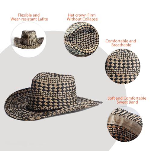 Image of Men's Cowboy Hats Summer Women Beach Cowgirl Hat Raffia Unisex Western Sun Hat