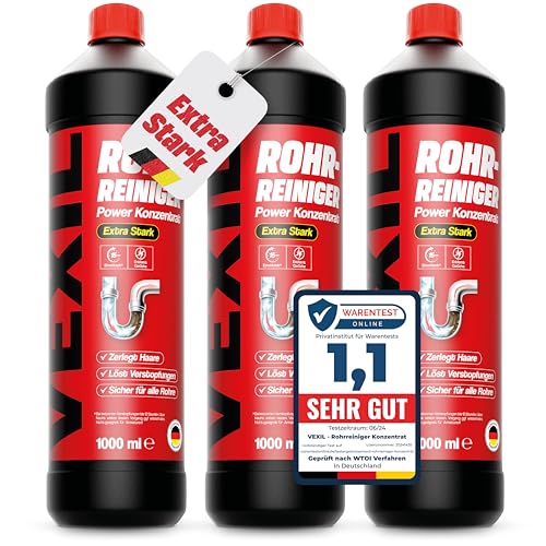 VEXIL Rohrreiniger - Profi Abflussreiniger EXTRA STARK für Extremfälle - 3x 1L Power Konzentrat löst hartnäckigste Verstopfungen wie Haare, Seifenreste, Fette - biologisch abbaubar - Made in Germany