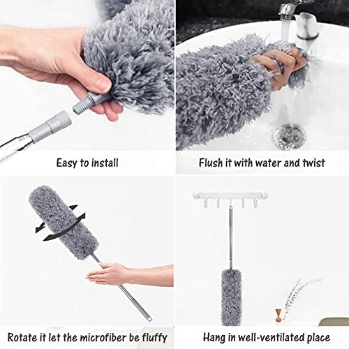 JINYUDOME Microfiber Duster for Gap Cleaning, Adjustable Long Handle Mop Washable & Flexible, Including 3 Cloth Cover and 1 Pole, Extendable Duster for Sofa Bedroom Kitchen (Grey4)