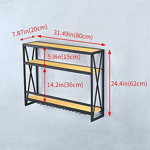 Sss Furniture Industrial Wine Rack Wall Mounted With 8 Stem Wine Glass Holder, 31.5In Hanging Wall Wine Rack Floating Bar Shelves, 3-Tier Wood Shelves Wine Shelf Home Décor Display Rack #TOP3