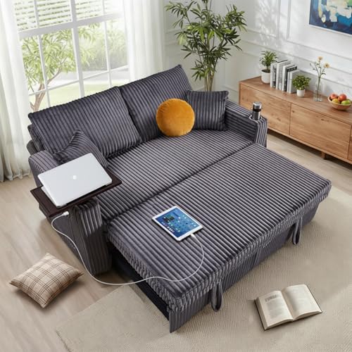 QSQG 65in Sleeper Sofa Bed, Convertible Pull Out Couch with Small Table| USB Port | Cup Holder | Corduroy Fabric | Adjustable Backrest for Apartment, Office, Bedroom, Guest Room (DeepGrey)