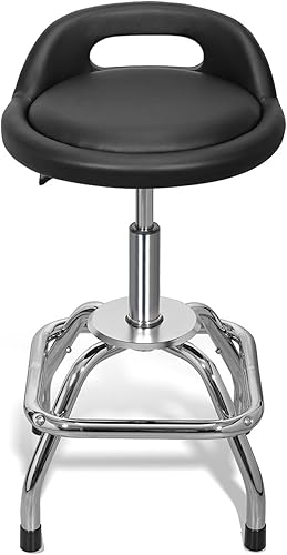 Tipo S Taburete de tienda con respaldo, taburete ajustable para garaje y taller, giratorio de 360 con reposapiés, asiento acolchado y soporte