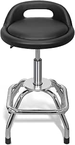 Type S Shop Stool with Backrest – Adjustable Garage & Workshop Stool, 360° Swivel with Footrest, Padded Seat & Lumbar Support, Heavy-Duty Steel Frame, 22–28” Height