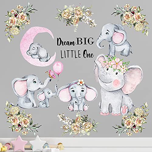 2 Pieces Dream Big Little One Elephant Decal Removable Elephant Cute Wall Decals Colorful Elephant Animal Wall Stickers Elephant Theme Wall Decals Cartoon Cute Wall Sticker for Kids Bedroom (Pink)