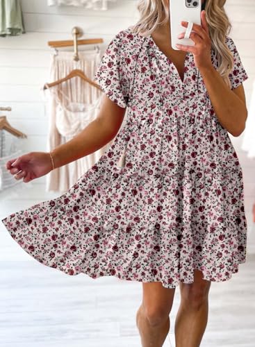 Image of Dokotoo Womens Summer Casual Boho Floral Dresses 2026 V Neck Short Sleeve Sundresses Flowy Swing A-Line Mini Dress