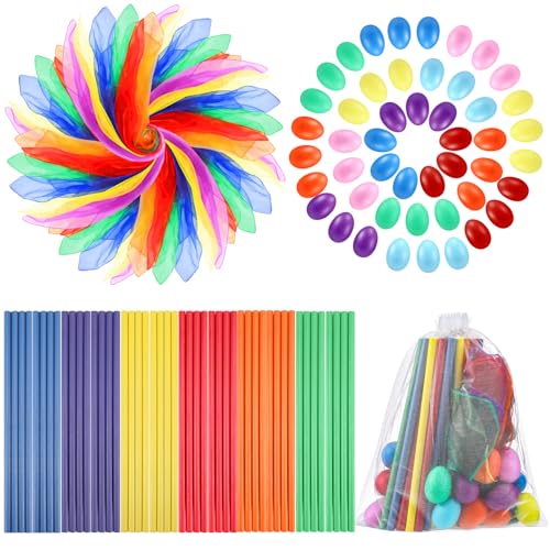 JolliLudo 48 Music Dance Party Set Include 48 Kids Dance Scarfs Colorful Silk 48 Wooden Music Rhythm Sticks 48 Plastic Egg Shakers Percussion Instrument Set 6 Storage Bag for School Classroom
