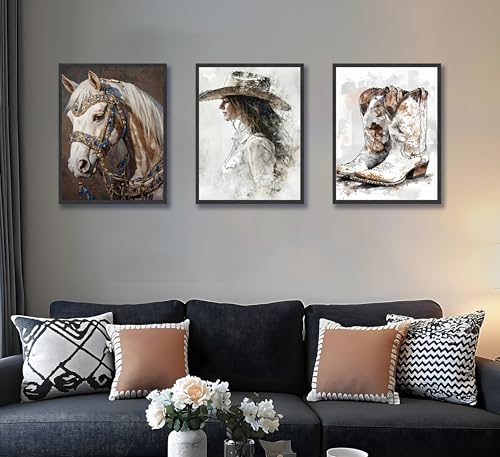 Image of 3pcs Western Vintage Cowgirl Canvas Prints Wall Art 12x16 inches Unframed | Cowboy,Horse,Boots Art Prints, Rustic Farmhouse Country Poster, Room Bedroom Dorm Decor