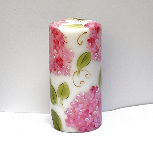 Large Decorative Romantic Hand Painted Pink Hydrangea Flower Pillar Candle With Golden Swirls #TOP3