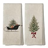 XPH Vintage Christmas Tree Kitchen Dish Towels Set of 2, Christmas Kitchen Gifts, Rustic Farmhouse Winter Xmas Sleigh Seasonal Hand Towels Tea Towel Decorations, 16x24inch